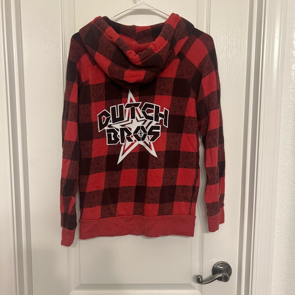 Dutch Bros Red and Black Plaid Sweater